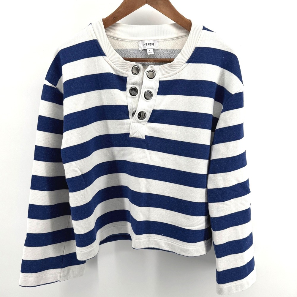 Evereve Sweatshirt Henley Coastal Women Large Navy White Striped Nautical Sailor